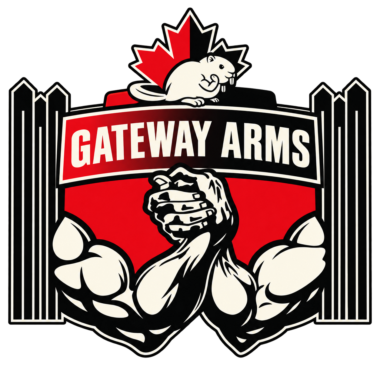 Gateway Arms logo with clasped armwrestling hands, a beaver and Canadian maple leaf