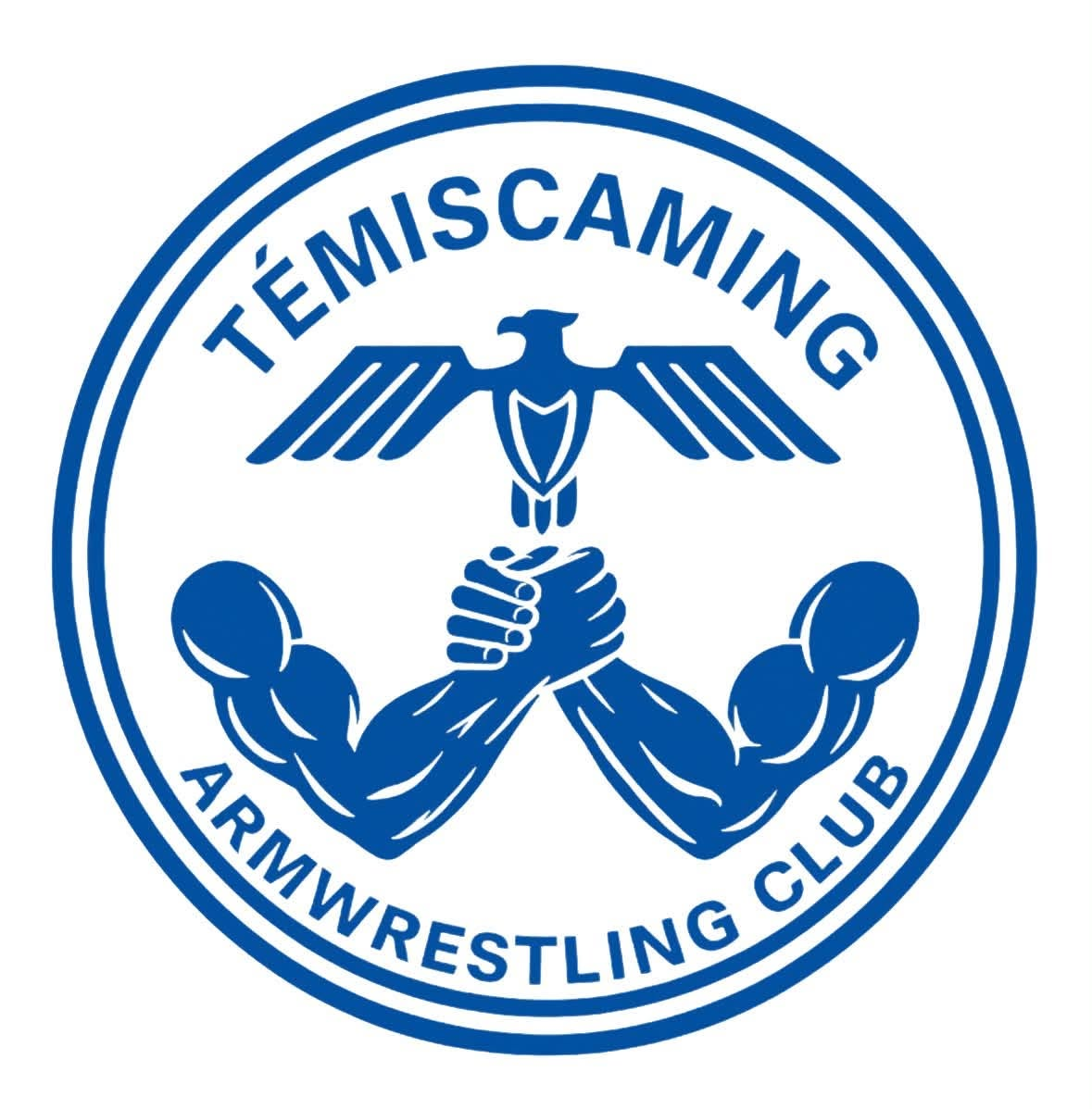 Témiscaming Armwrestling Club blue and white logo with an eagle and clasped arms
